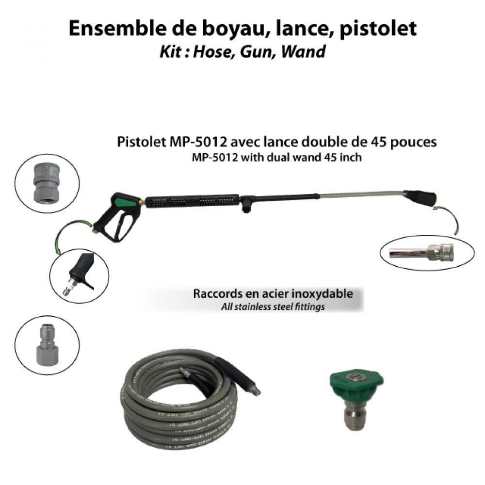 Ensemble de boyau 50', lance double 45'', pistolet à pression